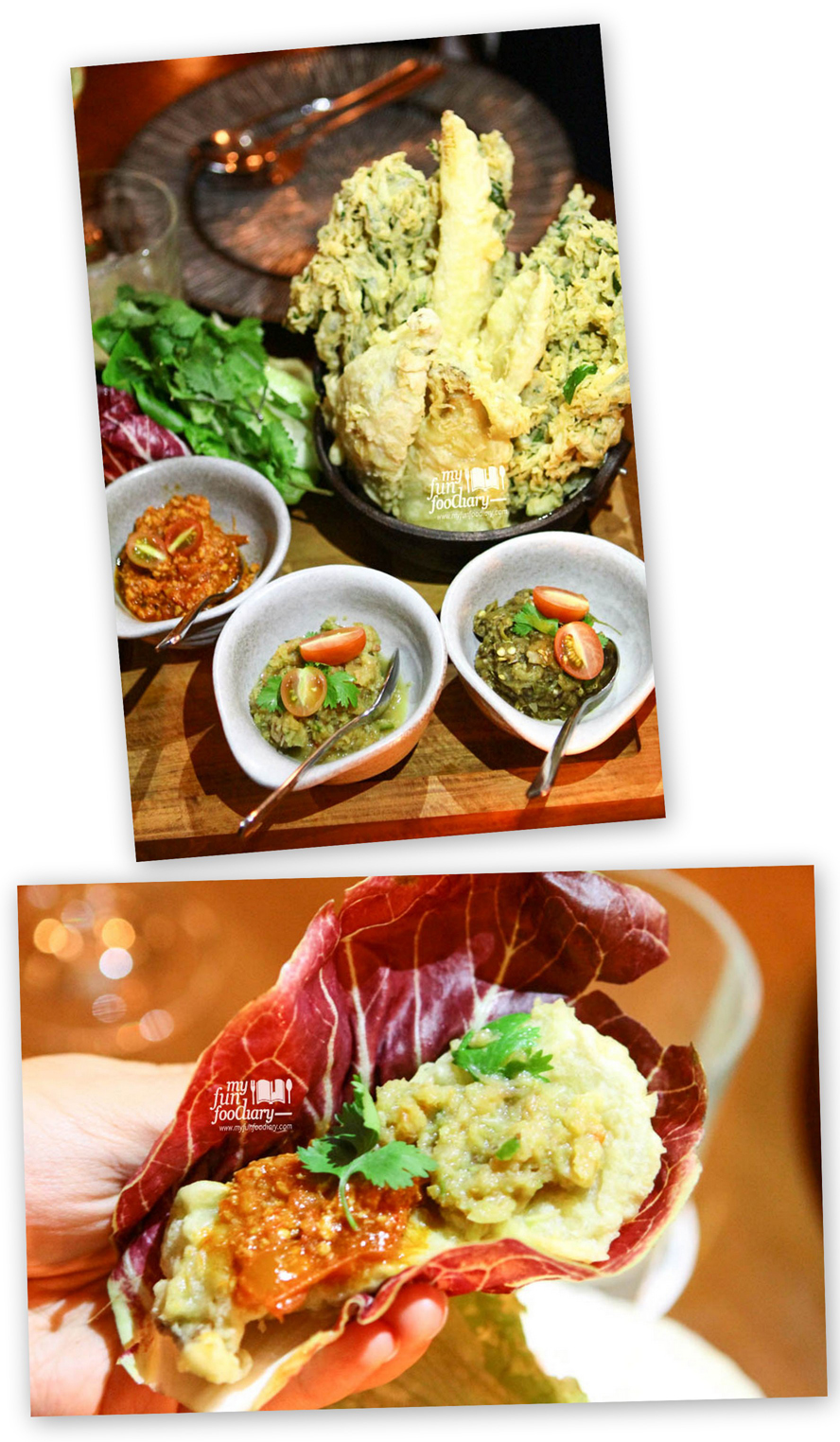 Selection of Northern Thai Relishes with "Nam Prik Ong", "Nam Prik Goong", "Nam Prik Num" & Crispy Tempura Vegetables