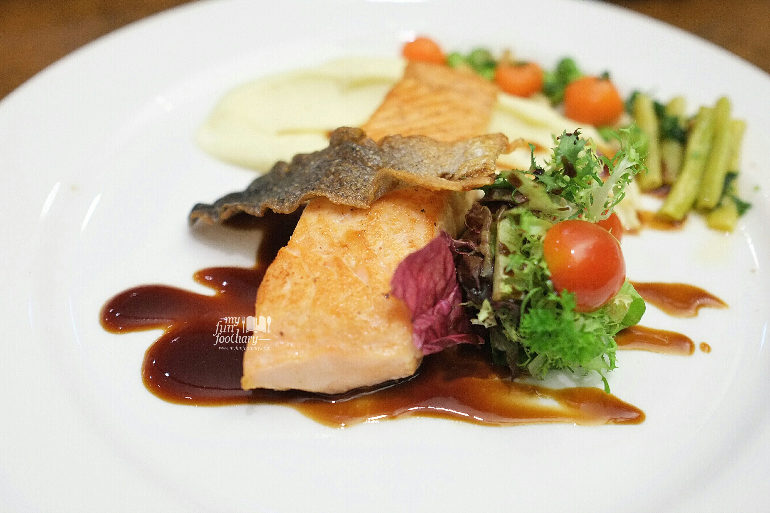 Pan Seared Crispy Skin Salmon made by me at our Cooking Class with Artotel Thamrin by Myfunfoodiary