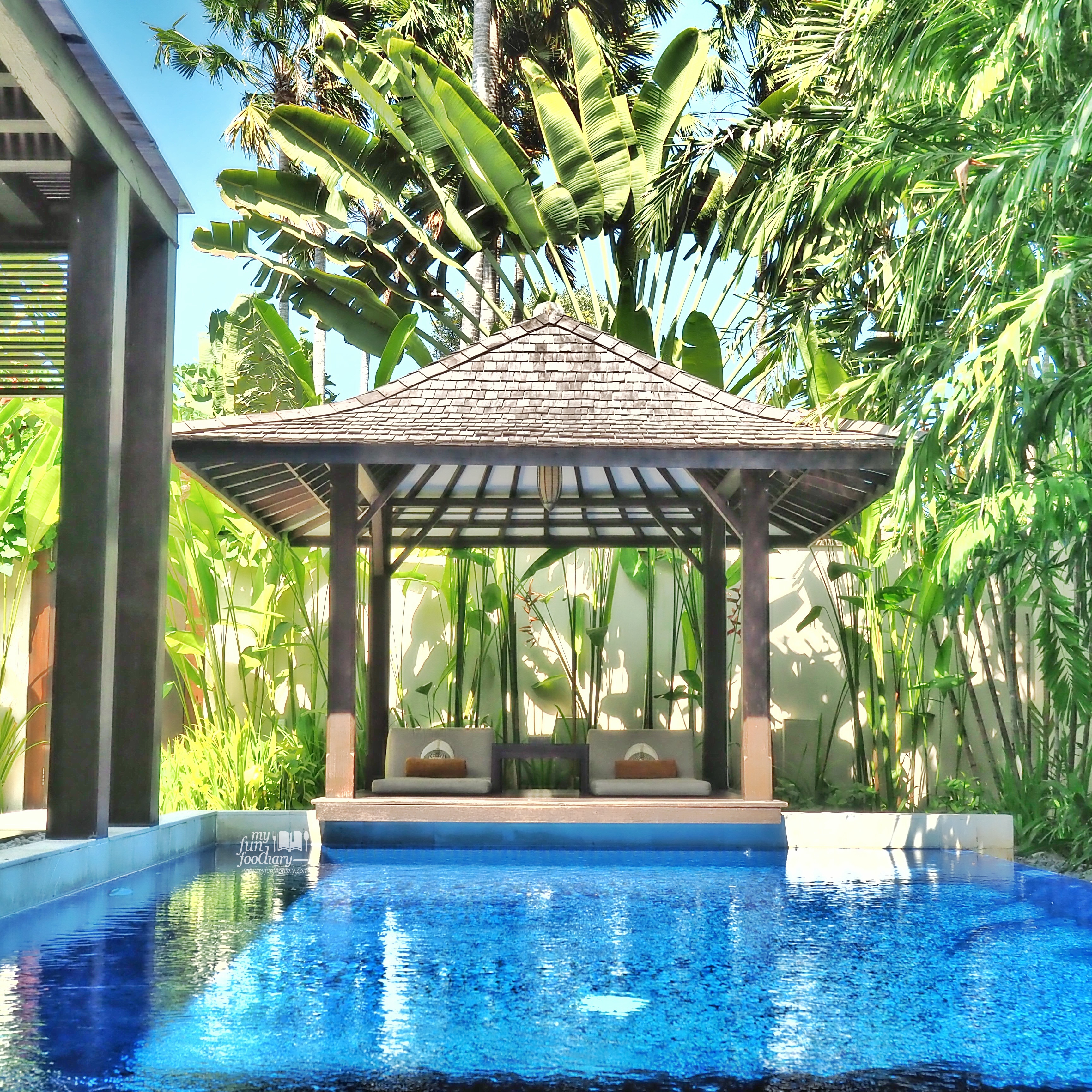 Pool and Gazebo View in my private villa - Villa De Daun Kuta Bali by Myfunfoodiary