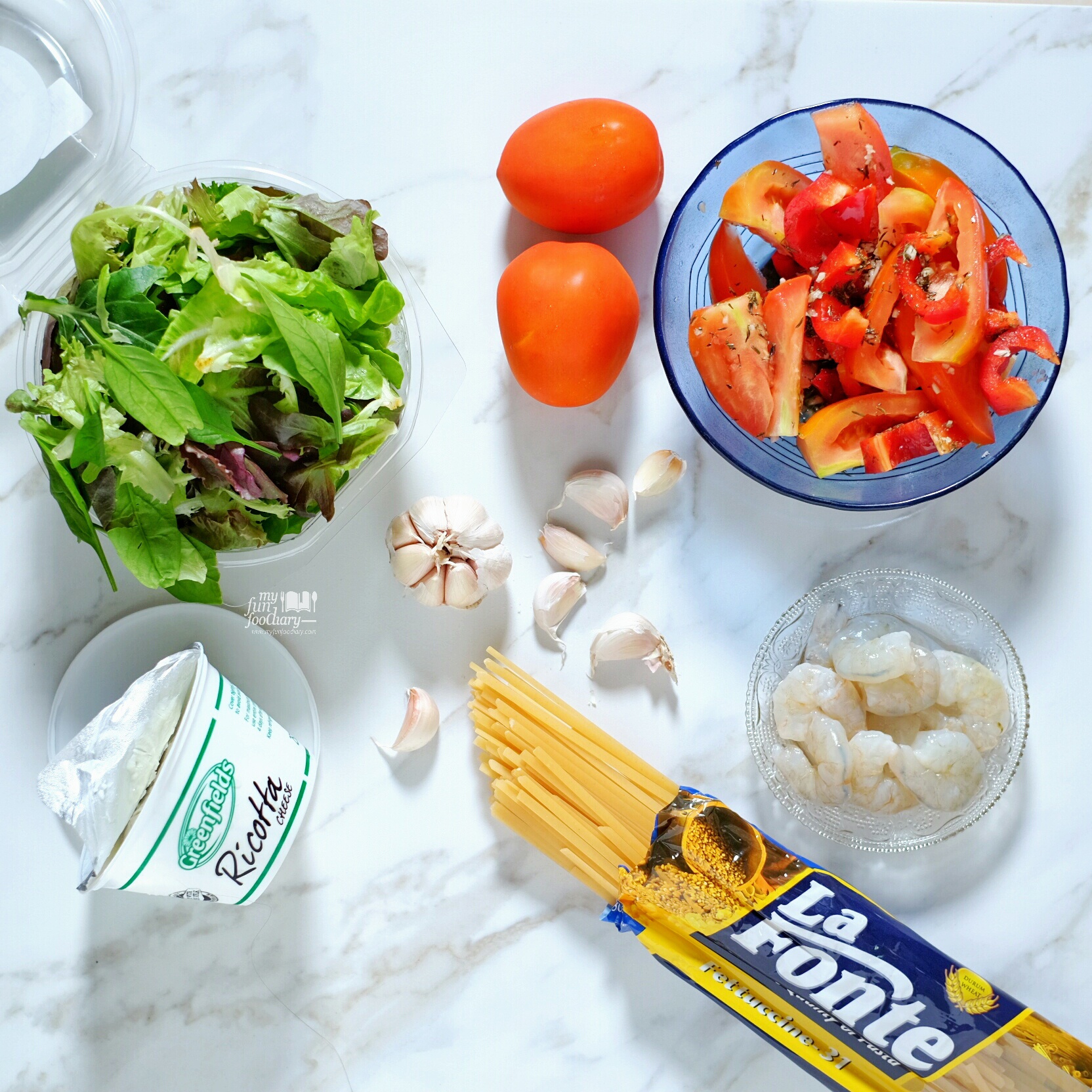 Ingredients to make Roast Prawn Fettuccine with Ricotta Cheese by Myfunfoodiary
