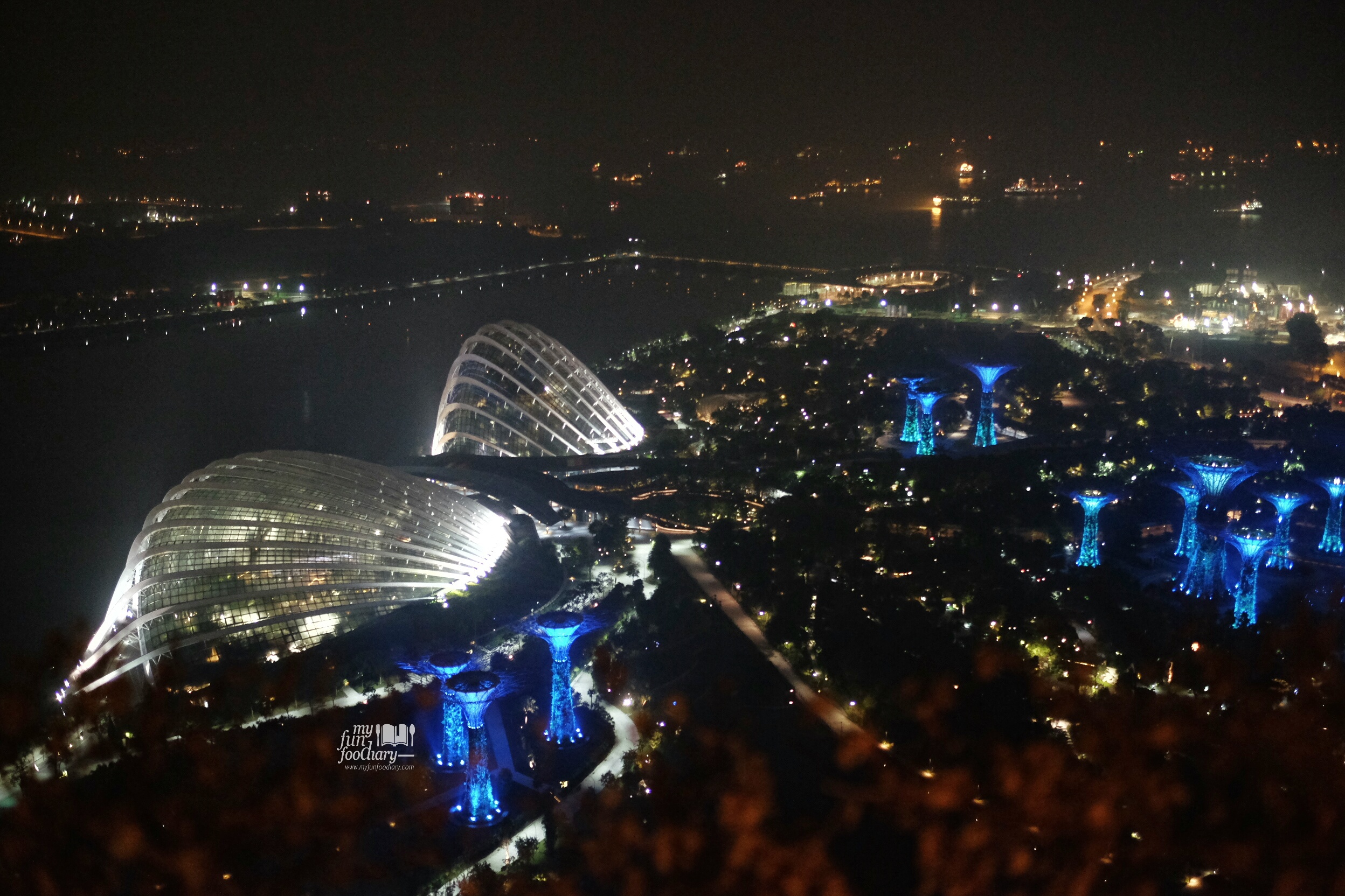 Night View from my room 4318 Deluxe Room Tower 3 Marina Bay Sands to Esplanade and Garden by The Bay by Myfunfoodiary