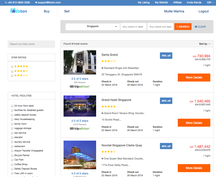 Search results for available hotels in Singapore