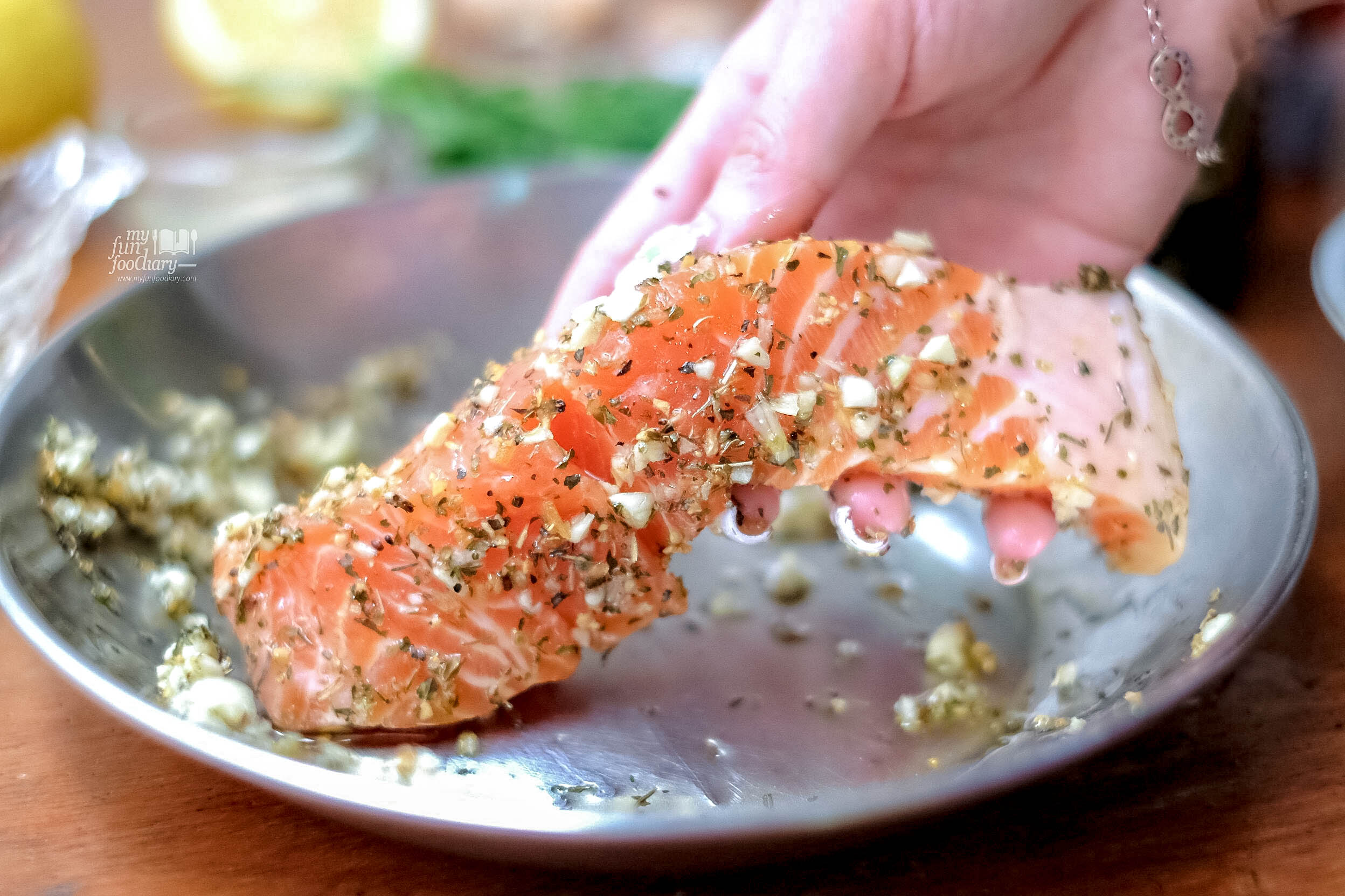 Coating the premium Salmon Fillet by Myfunfoodiary